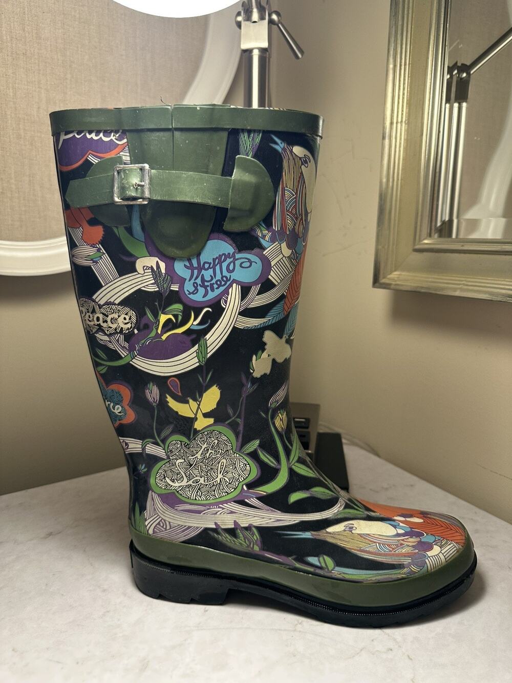 Sakroots The Sak Women’s Size 8 Tall Rain Boots Peace Nature Bird Floral Rubber